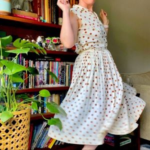 Vintage polka dot skirt set brown cream 70s